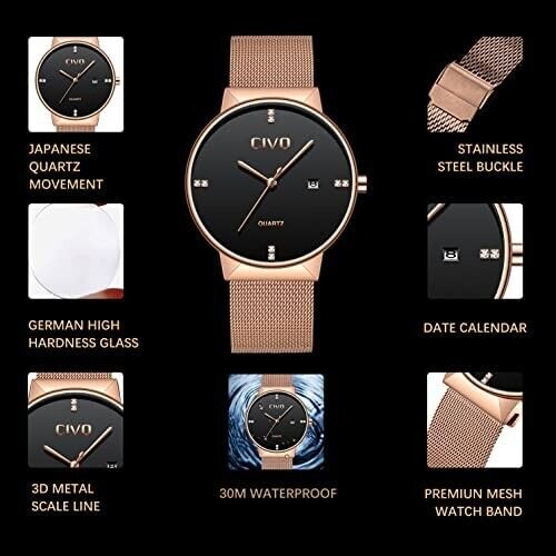 Herrenuhr 40mm Minimalistische Herrenuhr ⇒ Datum Analog Edelstahl Quarz Roségold