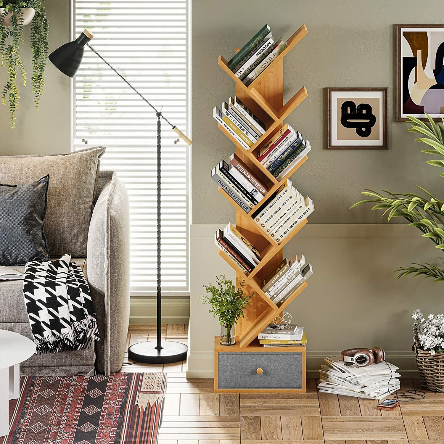 VIAGDO Bamboo Bookcase with 8 levels and nonwoven drawers 