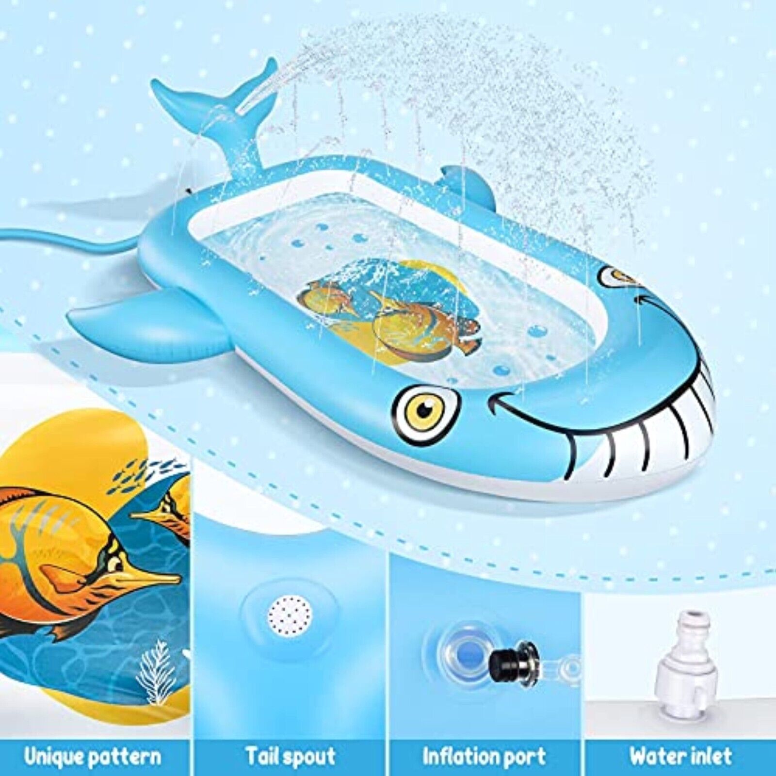 Aufblasbares Kinder Planschbecken 178x130cm Wal Design – 2in1 Baby Pool mit Sprühfunktion für Garten & Sommer