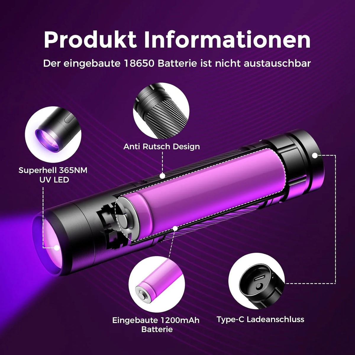 UV Taschenlampe 395nm Schwarzlicht LED wiederaufladbar Detektor IP65