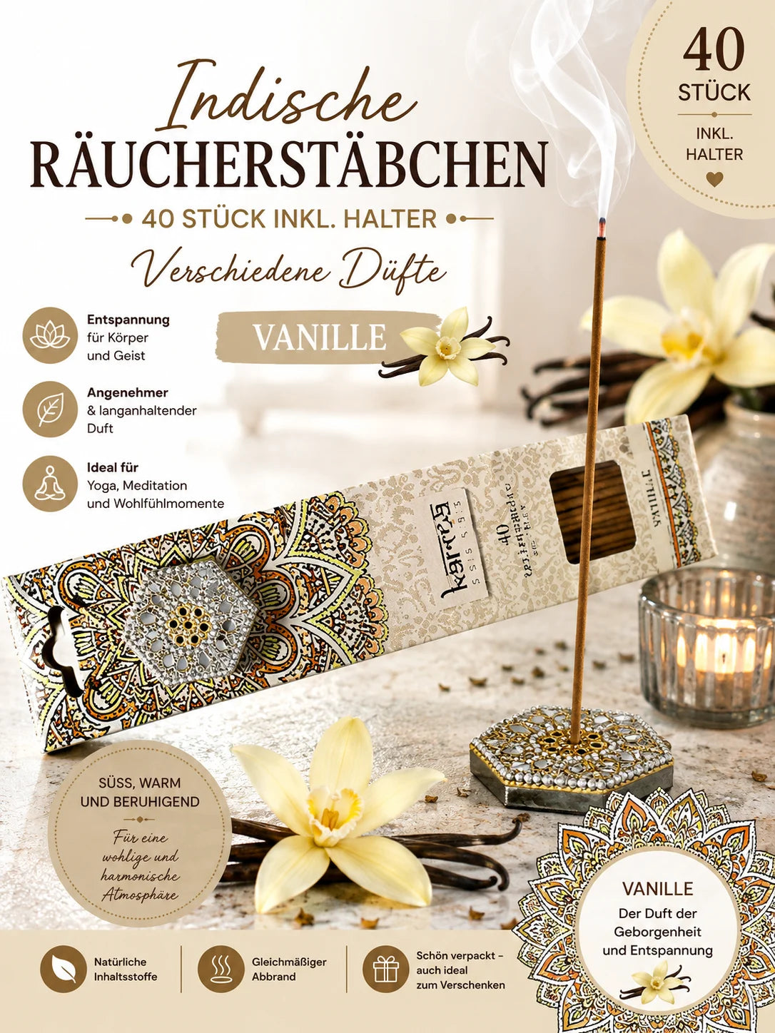 Räucherstäbchen Indische 40 Stück inkl. Halter – verschiedene Düfte (Karma Scent
