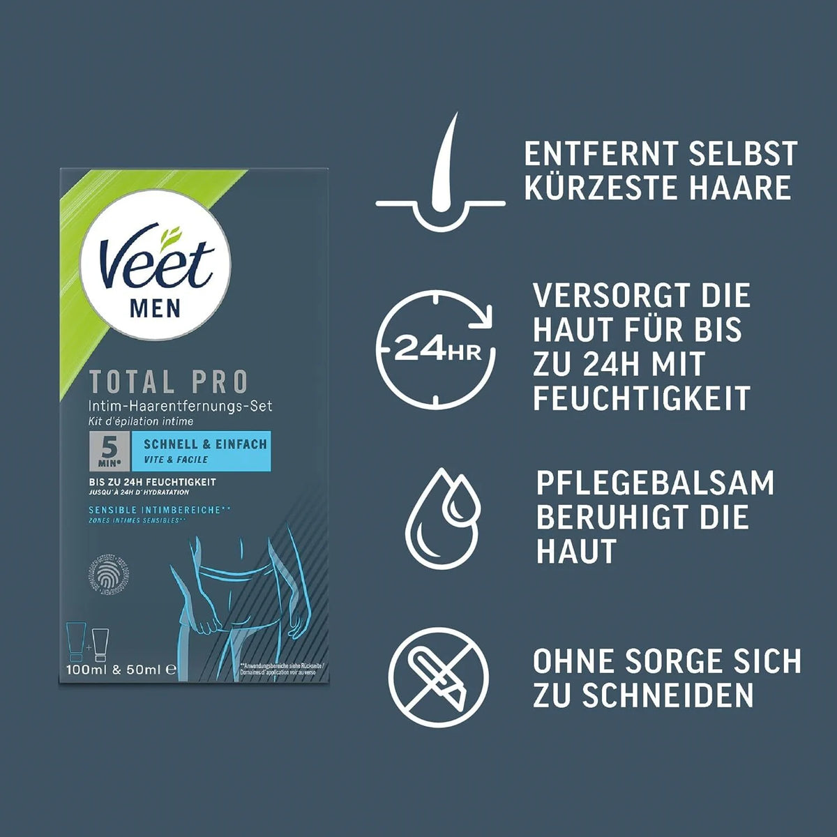 Veet Men Intim Haarentfernungs-Set – 100 ml Enthaarungscreme & 50 ml Pflegebalsam mit Aloe Vera
