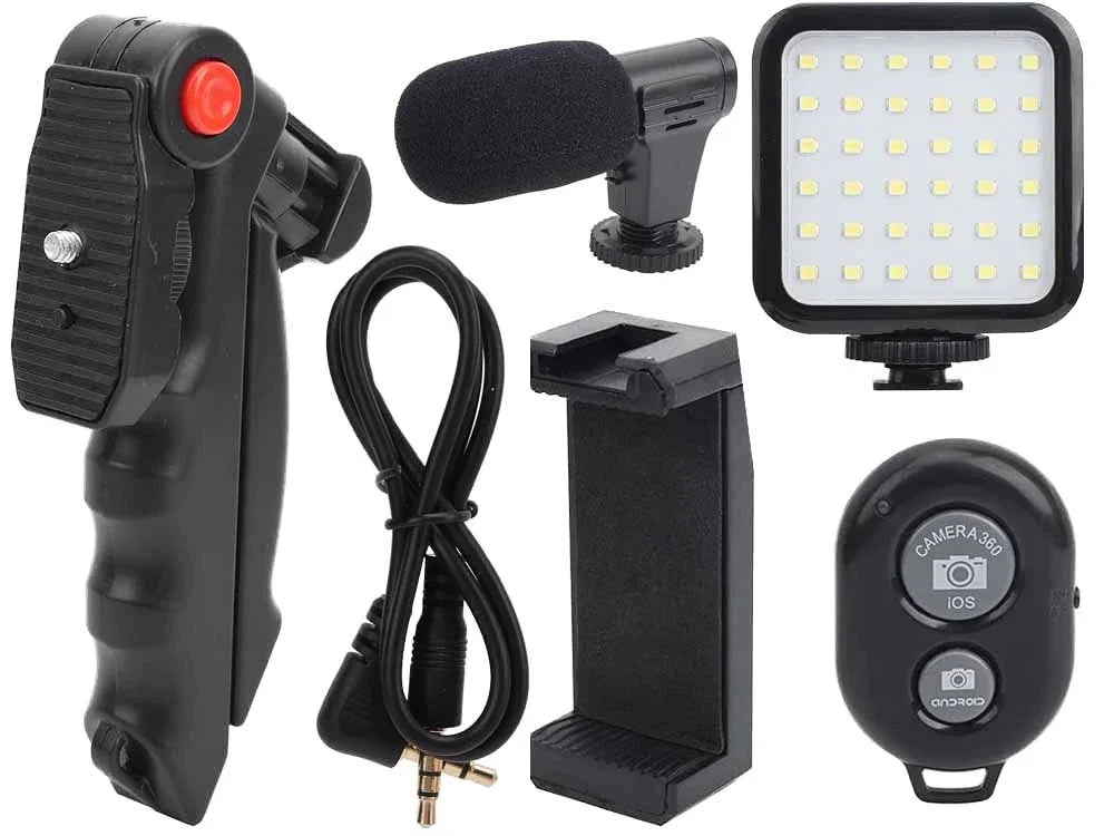 Vlogging Kit für Smartphone – Stativ mit Handyhalterung, Richtmikrofon, 49-LED-Licht und Bluetooth-Fernbedienung