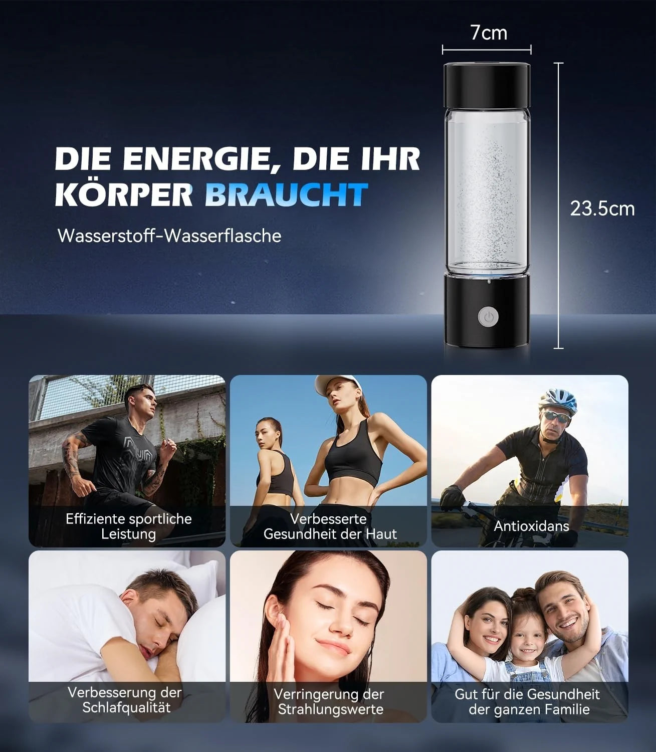 Wasserstoffflasche 450ml SPE PEM Wasserionisierer Borosilikatglas USB