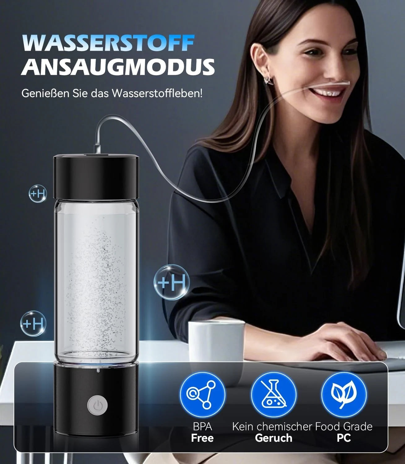 Wasserstoffflasche 450ml SPE PEM Wasserionisierer Borosilikatglas USB